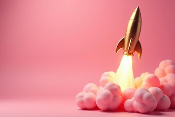 Sparkling golden rocket taking off against soft pink backdrop, soft, launch