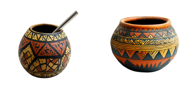 Cultural artifacts display decorative objects indoor. Cut out set