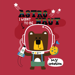 Cartoon bear in astronaut helmet holding toy rocket and planet with flag with I want to be astronaut text in fun outer space dream scene on red background. Kids imagination concept
