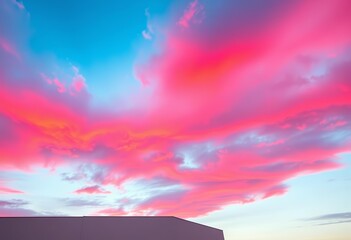 Split sky, vibrant blue and red hues, white building silhouette,  building silhouette, weather