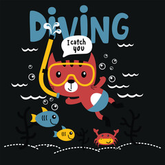 Cartoon cat wearing snorkel and goggles diving underwater with fish crab and bubbles in fun ocean scene on dark background. Kids aquatic activity concept
