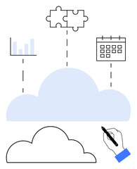 Central cloud connects to bar chart, puzzle pieces, and calendar while hand with pen draws. Ideal for teamwork, data sharing, cloud computing, productivity, planning analysis collaboration. Flat