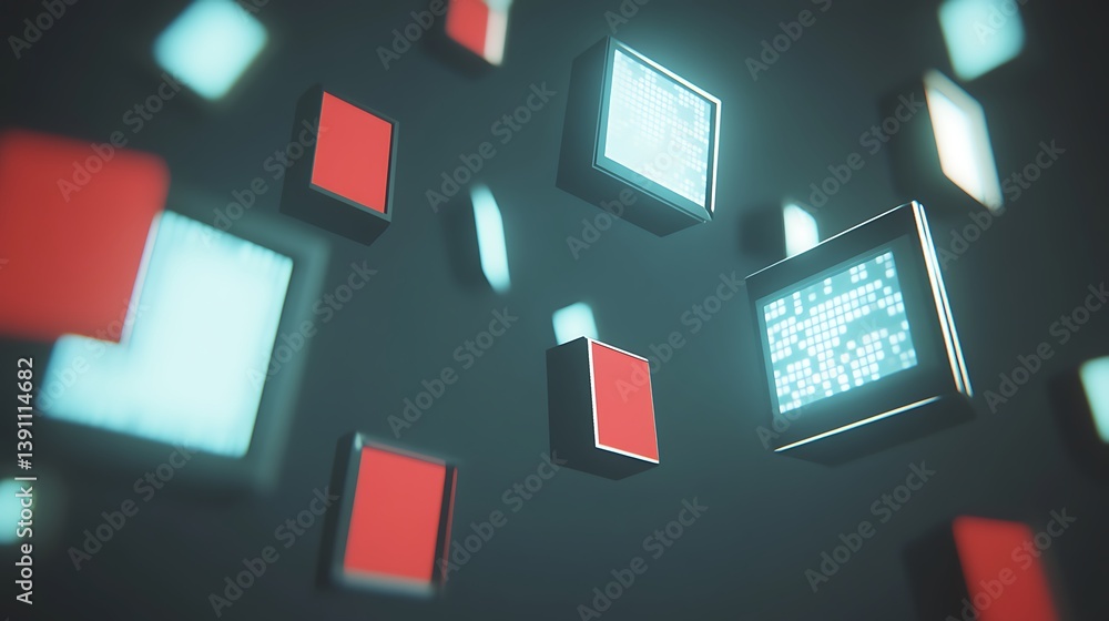 Poster futuristic digital cubes in motion. abstract display of data. glowing, colorful blocks