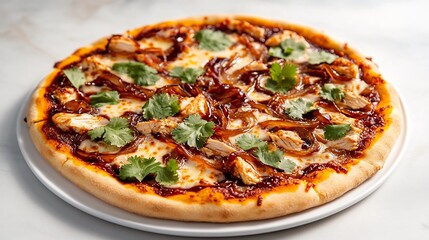 Bbq chicken pizza with tangy sauce caramelized onions and cilantro placed on a plain white plate