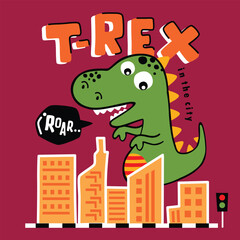 Cartoon T-Rex roaring over city buildings with traffic light and roar speech bubble in fun urban dinosaur scene. Prehistoric fantasy concept
