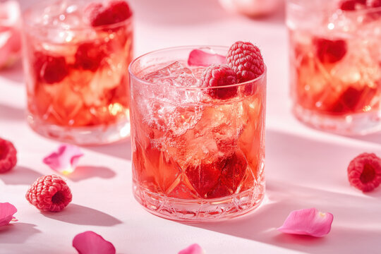 Summer raspberry cocktails served on a pink background decorated with some flower petals