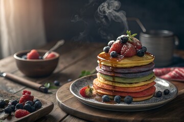 a stack of colorful vegan pancakes topped with berries, drizzled with maple syrup, steam rising, placed on a rustic wooden table with moody morning light — macro, 4K texture clarity