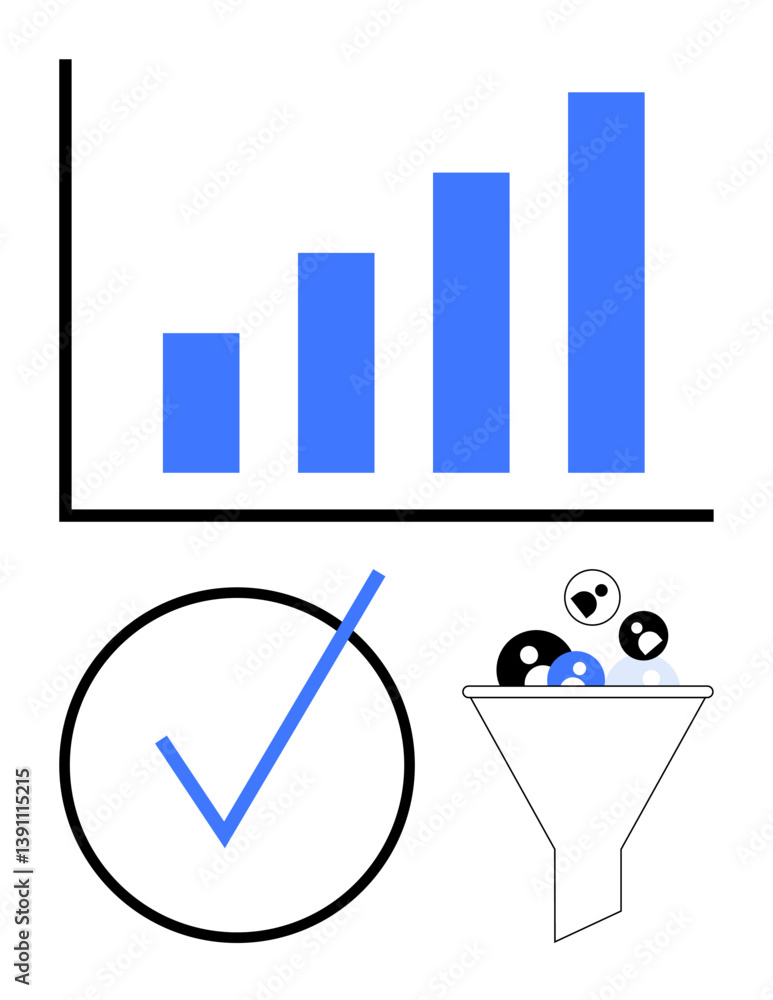 Poster bar chart showing growth, tick mark signifying success, funnel with icons representing data filterin