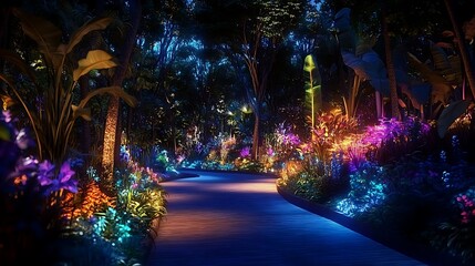 Obraz premium カラフルな光で照らされた夜の庭園の小道