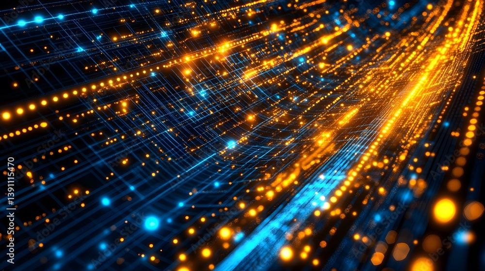 Poster illuminated blue and yellow lines representing complex digital data flows