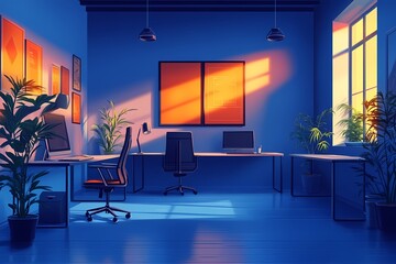 Modern Office Workspace Interior Design: Contemporary Furniture, Ergonomic Chairs, Natural Lighting, and Cozy Atmosphere for Ultimate Productivity and Work-Life Balance.