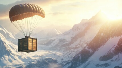 A cargo parachute descends over a snowy mountain landscape at sunset.