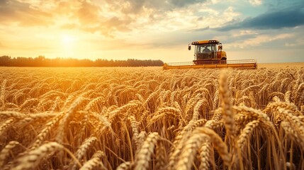 Fototapeta premium Golden harvest: A combine harvester at work in a sun-drenched wheat field
