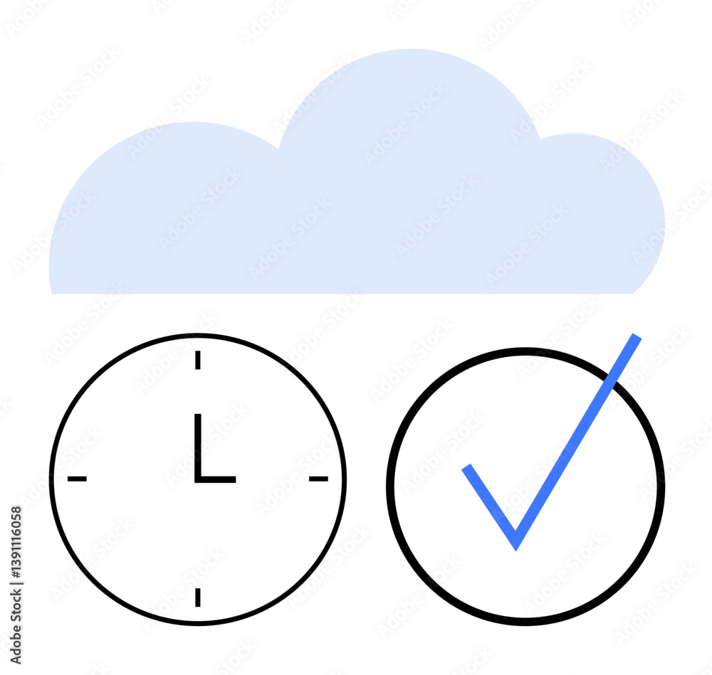 Poster blue cloud above circular clock and checkmark, emphasizing time management, productivity, cloud stor