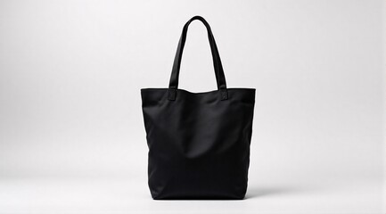Realistic product mockup of a plain black canvas tote bag showing front, side, and bottom views. Soft white background, dramatic lighting, and detailed fabric weave for a clean, modern design.