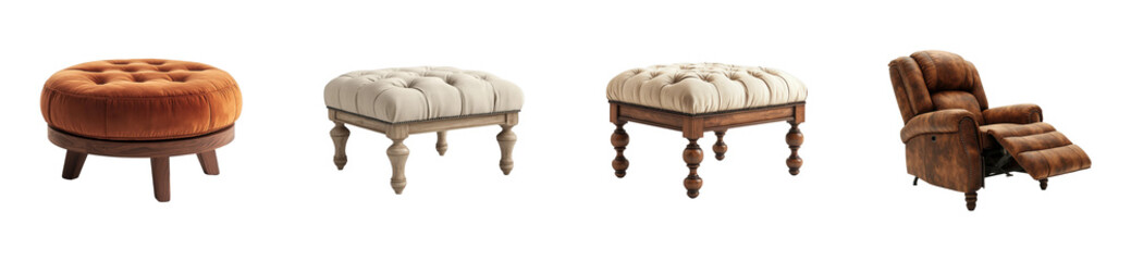 Stylish upholstered ottomans and recliners in modern living room. Cut out set