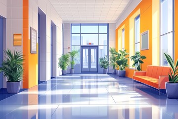 Fototapeta premium Modern Office Interior Design with Natural Light and Greenery: A Bright and Vibrant Workspace