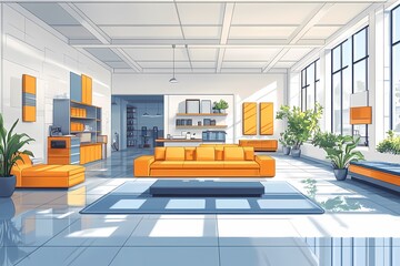 Modern Apartment Interior Design: Bright Living Room with Orange Furniture & Plants - Contemporary Open Space