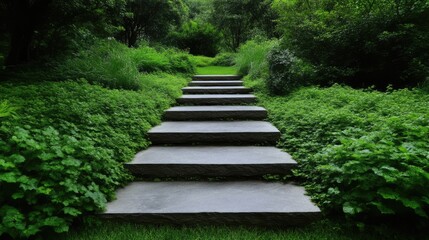Stone steps winding through lush garden