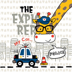 Cartoon giraffe dressed as police officer with patrol car and traffic cone in hand-drawn city explorer scene. Urban safety concept
