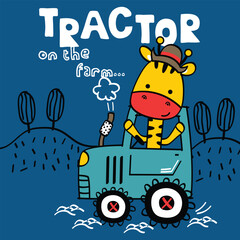 Cartoon giraffe driving blue tractor across farm field with playful text and tree background in countryside scene. Agriculture concept
