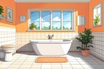 Modern Chic Bathroom Illustration: Minimalist Home Decor with Stylish Orange Walls, Cartoon Artwork, and Potted Plants for a Serene Bathing Space