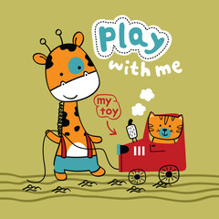Cartoon giraffe pulling red toy car with smiling cat and playful text in imaginative outdoor play scene. Childhood fun concept
