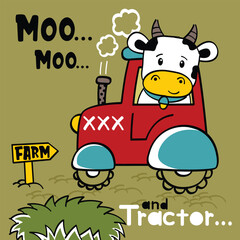 Cartoon cow driving red tractor near grass with moo sound text and farm sign in countryside setting. Agriculture illustration concept
