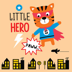 Cartoon superhero tiger flying over urban cityscape with comic style little hero message. Superhero illustration concept
