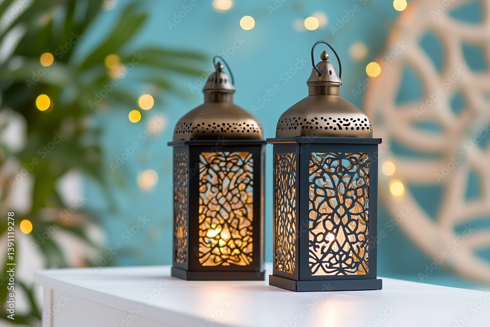 Poster illuminated lanterns glowing warmly against a blurred background soft inviting light