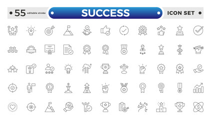 Success outline web icons set. Success, achievement, successful, strategy, winner, teamwork, goal, brainstorm, challenge and task. Editable stroke outline icon.
