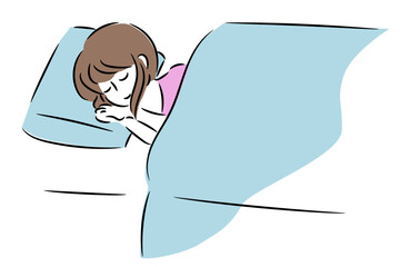 ベッドで横向きに寝ている女性のイラスト