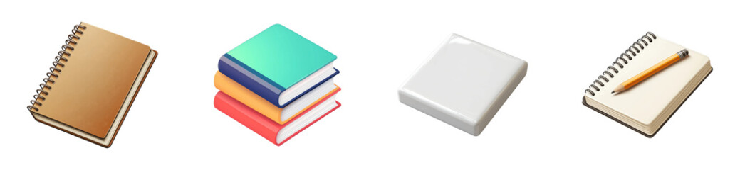 Organizing creative notebooks and journals on a desk workspace flatlay. Cut out set