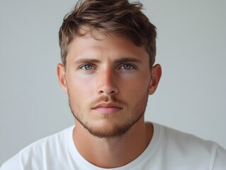 Fototapeta premium A young man with light brown hair and blue eyes stares intensely at the camera wea a plain white t-shirt against a neutral background.