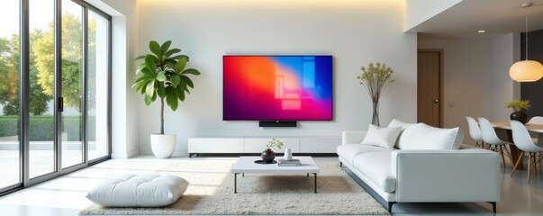 Stylish white lounge with comfortable couch, glass doors, flat screen television, furniture, modern, indoor