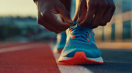 Fototapeta premium Running preparation track field sports action urban environment close-up view fitness concept