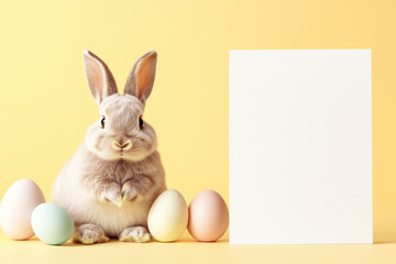 Obraz premium Blank mock up card and an adorable Easter Bunny on the yellow background