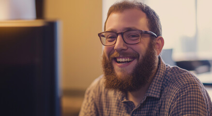 Fototapeta premium Homem feliz e sorridente, com barba e óculos, no escritório.