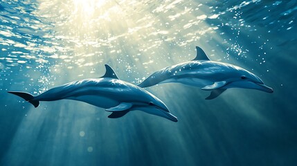 Two dolphins gliding gracefully underwater with sunlight filtering through ocean surface
