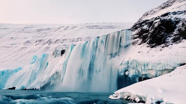 Arctic Waterfall: Capturing the raw, icy beauty of a cascading waterfall against the backdrop of a snow-laden landscape. The frigid environment.