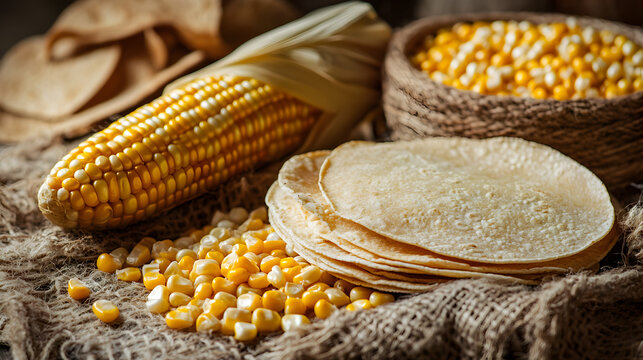 una mesa tradicional con una mazorca junto a elote o maiz desgranado con un pu&ntilde;o de tortillas de maiz recien hechas comida tradicional mexicana hechas a mano artesanales