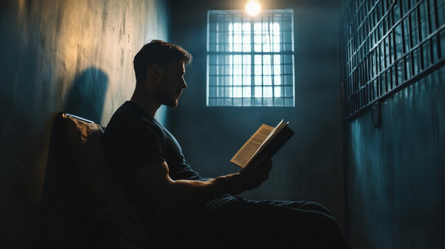 Man reading a book in prison cell emotional moment dark environment introspective view solitude and reflection