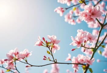 Obraz premium Sun-drenched cherry blossoms, vibrant pink against a clear blue sky; buds and blooms in full spring glory, bloom, pastel