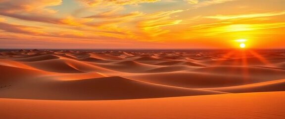 Sun-drenched golden dunes layered over a vibrant sunset sky, light,  orange