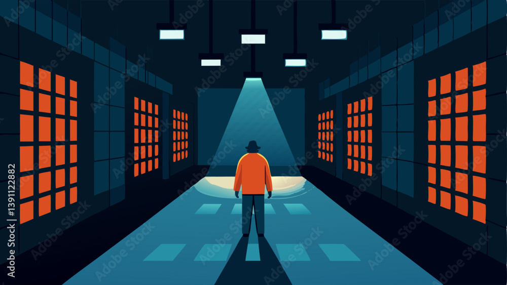 Poster night shift a wide shot of the entire cell block with a guard standing at the center illuminated by 