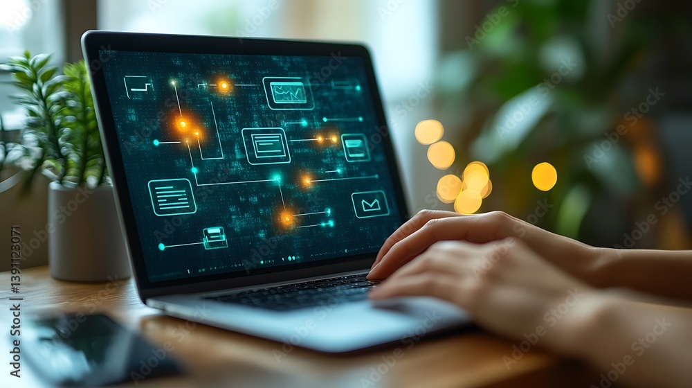 Poster woman using laptop with digital network interface, connecting through technology for effective commu