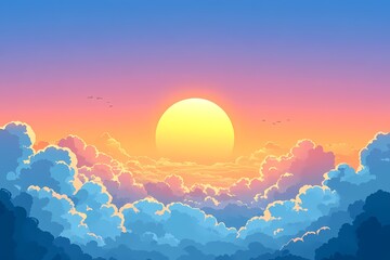 Vibrant Sunset Sky: Digital Art Illustration of a Serene Nature Scene with Beautiful Colors and Tranquil Sunrise Scenery