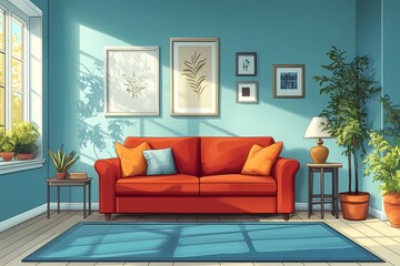Fototapeta premium Cozy Scandinavian Living Room Interior Design with Blue Walls, Sofa, and Modern Home Decor Elements