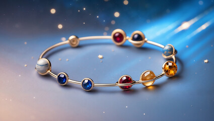 Elegant Gold Bracelet Featuring Gemstone Planets On A Starry Night Background