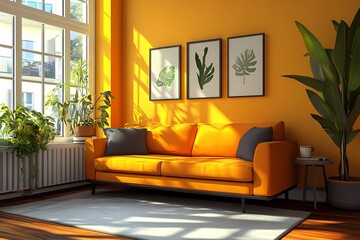 Modern Living Room Design: Vibrant Colors and Cozy Ambiance with Orange Sofa, Houseplants and Scandinavian Decor